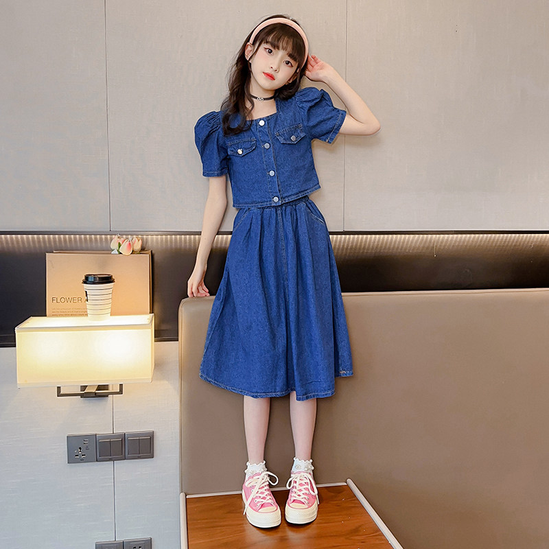 女童夏装牛仔裙套装2023新款洋气儿童休闲时髦女孩裙装炸街两件套