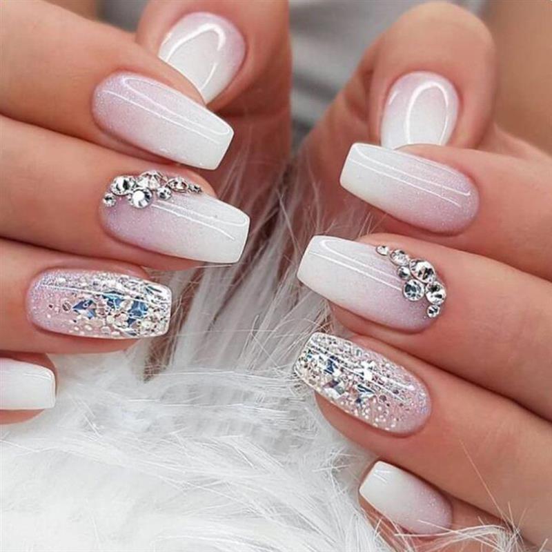 24Pcs Press On Nails Wearable Fake Nails Pink Gradient Glitt