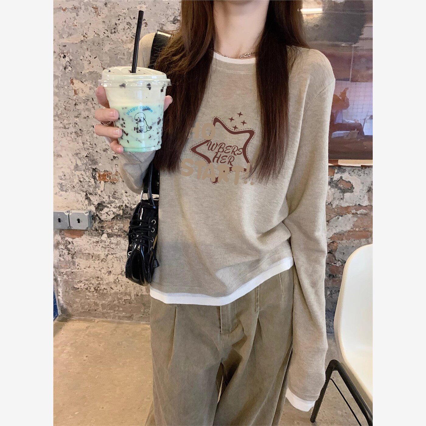春秋韩系松弛感2025新款撞色打底衫女慵懒假两件长袖内搭T恤上衣