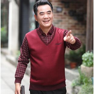 父亲毛衣加绒加厚假两件爸爸装中年男士冬季保暖上衣老年人针织衫