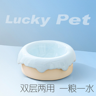lucky 猫咪 pet陶瓷宠物碗猫饭碗猫粮碗防黑水碗防打翻可爱套装