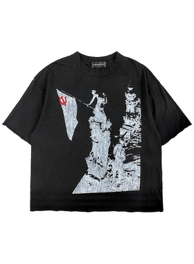 POPPROJECT攻克柏林200g竹节棉卷边肌理感印花水洗T恤短袖