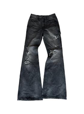 POPPROJECT日本进口冈山黑灰牛水洗刀割破坏做旧猫须牛仔喇叭裤