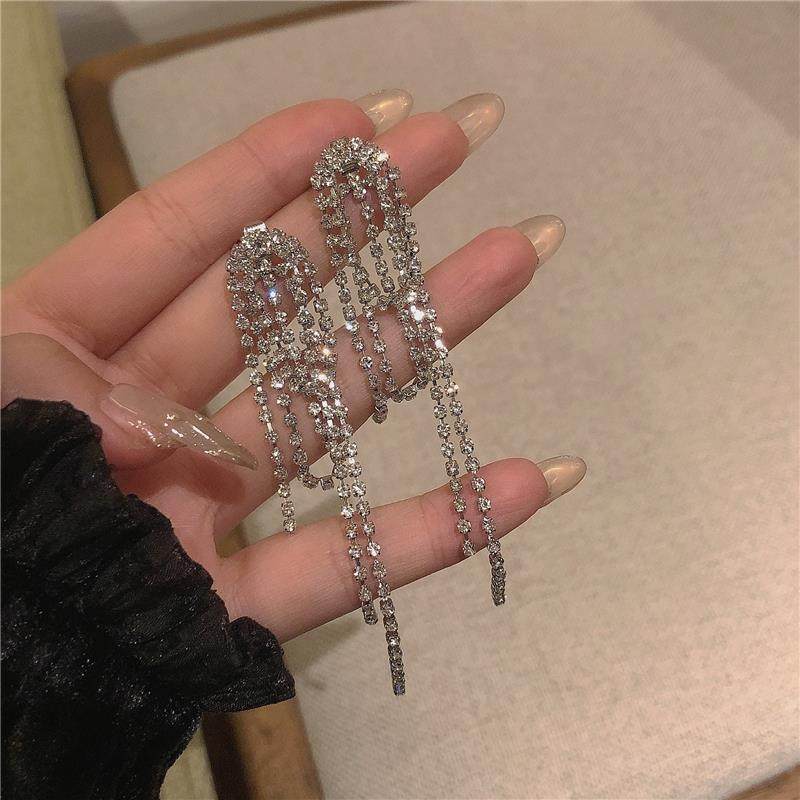 blingbling闪美炸耳环~长款流苏水钻耳钉女百搭显脸瘦韩国耳饰