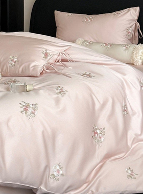 日本GP浪漫玫瑰全棉长绒棉四件套轻奢刺绣纯棉被套床品1.2粉白色