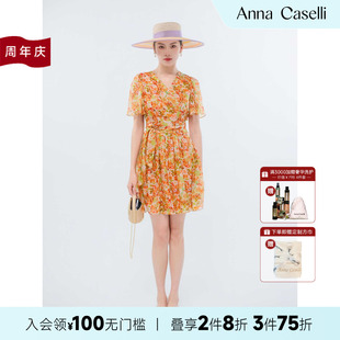 收腰顯瘦法式 ANNA 安娜凱瑟莉夏季 新款 CASELLI V領(lǐng)橘花連衣裙女夏