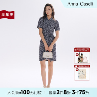 新款 ANNA CASELLI 安娜凱瑟莉夏季 碎花翻領(lǐng)收腰顯瘦百搭連衣裙女