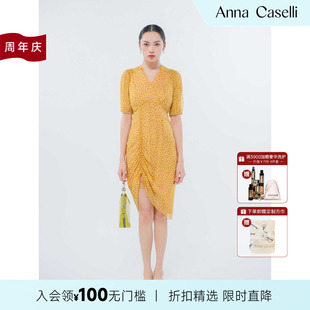 新款 ANNA 安娜凱瑟莉夏季 真絲短袖 CASELLI V領(lǐng)開叉碎花連衣裙夏女