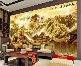 3d立体电视背景墙纸国画万里长城山水风景壁纸迎客松壁画墙贴 中式