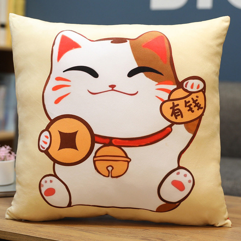 暴富招财猫网红抱枕客厅沙发靠垫可拆洗靠背垫正方形抱枕头套卡通