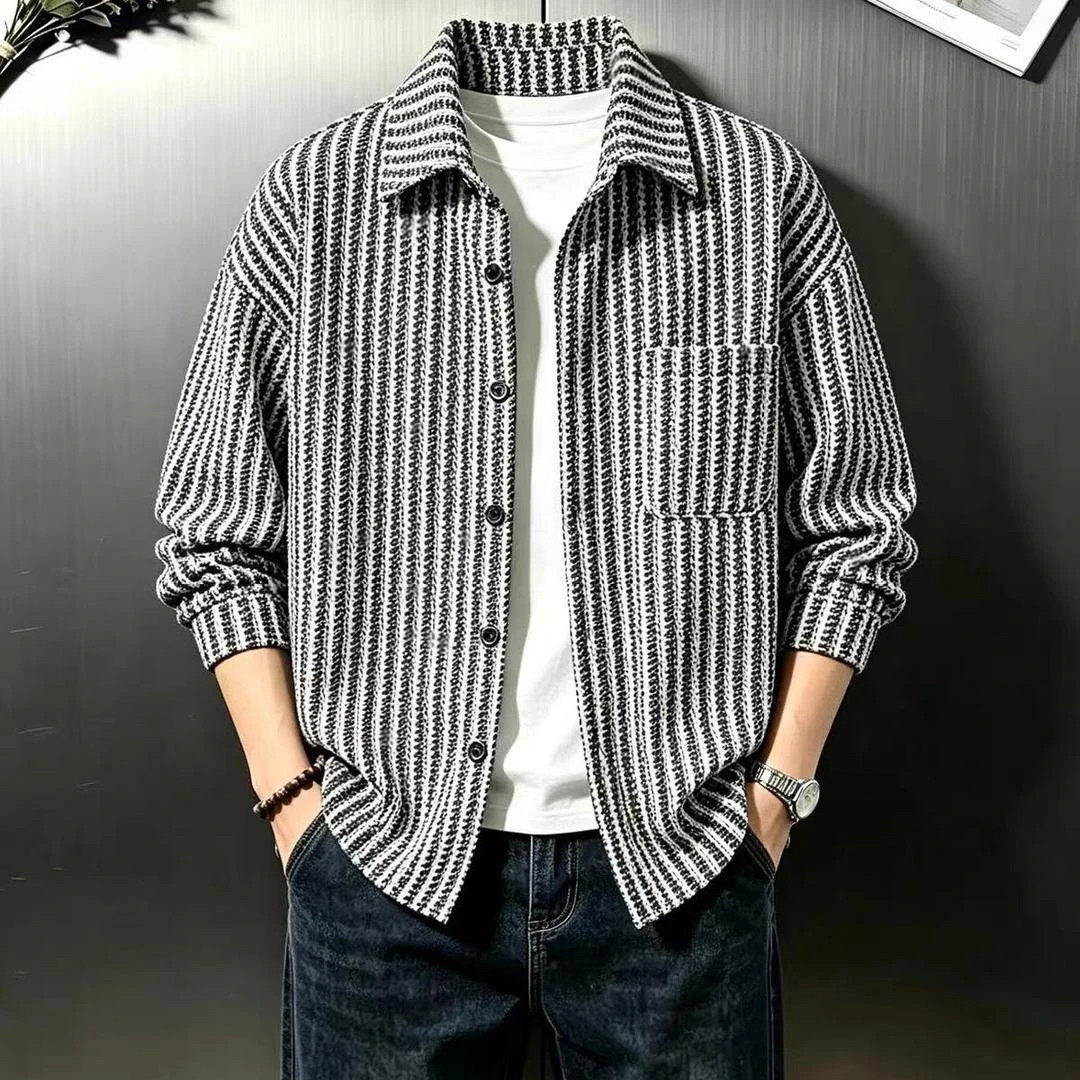 源川服装店男装春秋季新款男士美式小香风条纹衬衫高级感夹克外a6