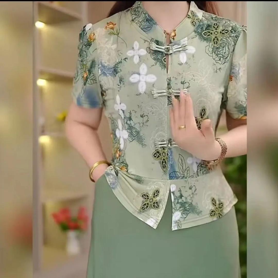 新款六盘扣气质假两件旗袍连衣裙夏季中年女装a5