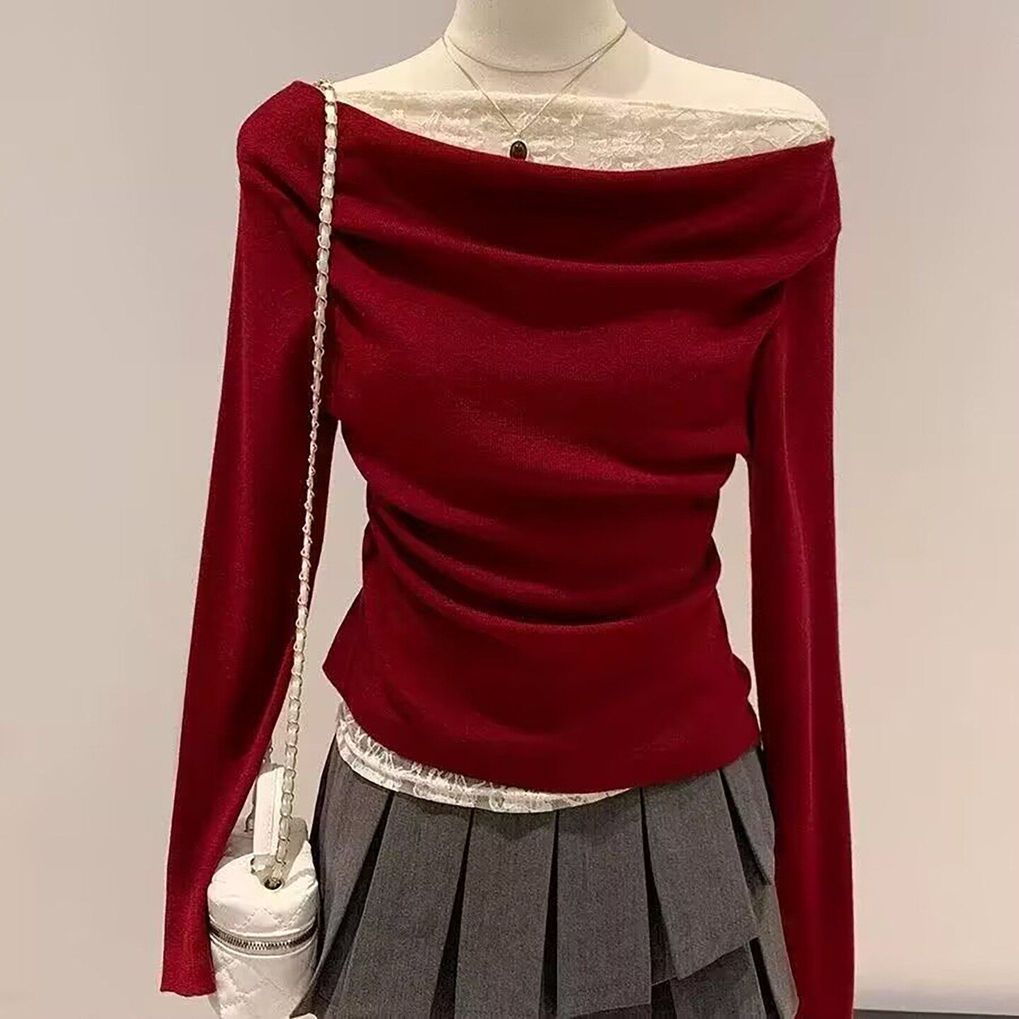 铂瑾精选女装店荡领假两件蕾丝拼接长袖T恤秋季女士显瘦修身上a7