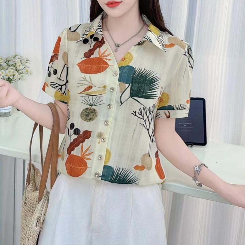 2026新款女装通勤风印花衬衫中年女夏季短袖宽松显瘦翻领开衫上a5