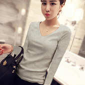 t恤修身 内搭V领打底衫 女春秋季 灰色纯棉长袖 洋气百搭显瘦上衣薄款