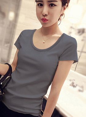 高级感烟灰色修身纯棉短袖t恤女夏季女装圆领打底衫半袖体恤上衣