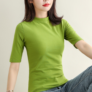 修身 果綠色半高領打底衫 女內搭春秋中袖 新款 黑色t恤上衣女 五分袖