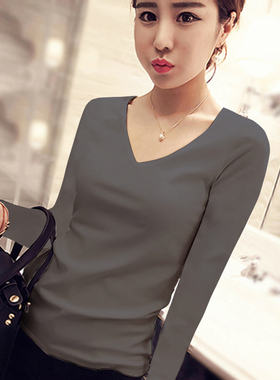 春季高级烟灰色纯棉V领打底衫女春秋修身显瘦长袖t恤紧身内搭上衣