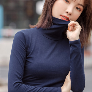 秋冬季 藏青色高領打底衫 女修身 內搭2025新款 洋氣上衣服 堆堆領長袖