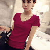 上衣薄款 酒红色v领锁骨t恤短袖 潮欧美风纯棉修身 2025年新款 夏 女装