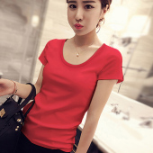 半袖 显瘦简约圆领内搭打底衫 体恤上衣 T恤女夏修身 大红色纯棉短袖