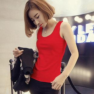 红色纯棉美背露锁骨吊带背心女夏季 显瘦上衣 内搭打底简约外穿无袖