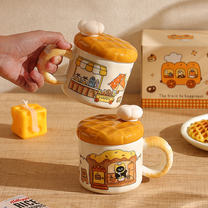 鹿谷川可爱面包猫咪陶瓷杯