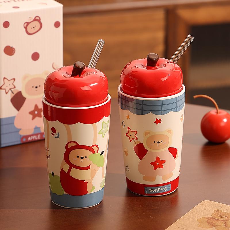 陶瓷苹果马克杯带盖家用喝水杯