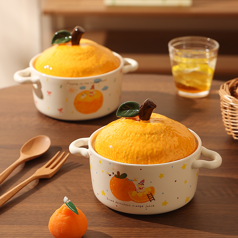 橘子泡面碗家用陶瓷带盖双耳碗