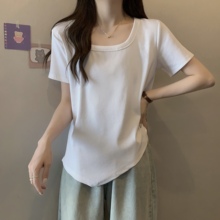 白色正肩短袖t恤女2025新款夏季大码胖mm巨显瘦遮肚子不规则上衣