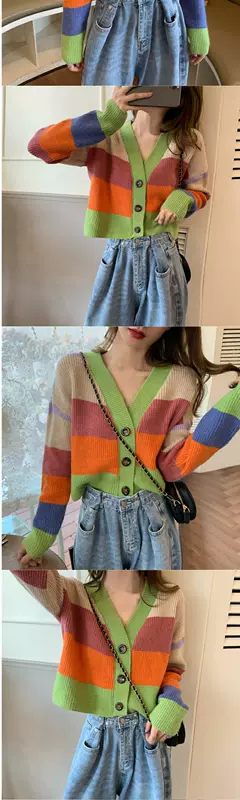 Áo len ngăn màu cổ chữ V, áo khoác cardigan ngắn, áo len, áo len nữ mới mùa thu, áo thun dài tay tất - Áo len thể thao / dòng may