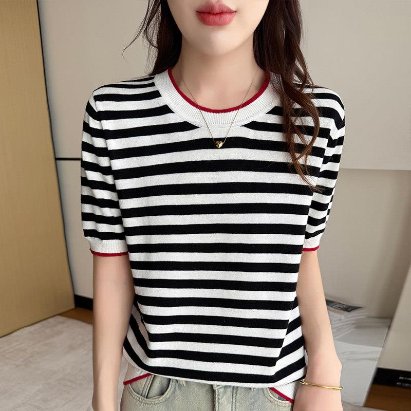 100%纯棉针织衫圆领短袖套头女T恤夏季薄款条纹拼色时尚百搭背心