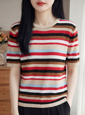 复古彩色条纹夏季轻薄短袖针织衫女宽松减龄撞色上衣洋气时尚打底