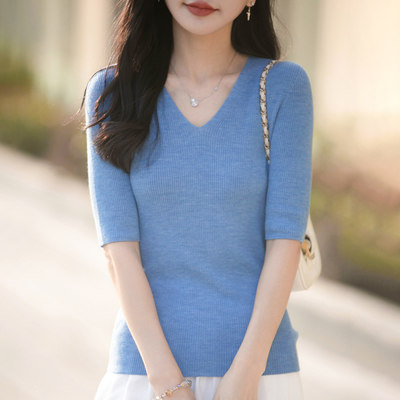 轻熟简约风V领针织短袖女