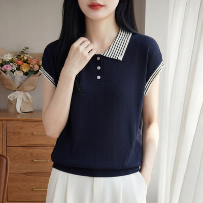 韩系POLO领针织短袖T恤女