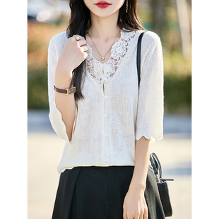 v领提花精纺羊毛针织开衫 宽松显瘦上衣打底衫 女短袖 半袖 时尚 夏季