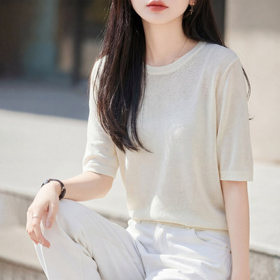 天丝短袖T恤女圆领宽松显