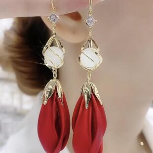 猫眼石郁金香花瓣流苏耳环气质百搭超仙款 2024新款 挂钩耳环时尚