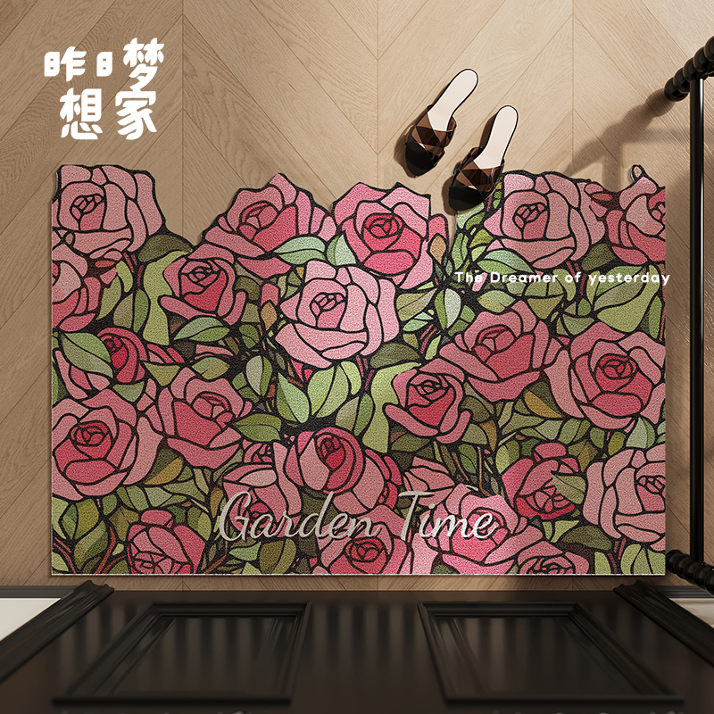 复古花朵入户门地垫进门大门外耐脏免洗防滑脚垫丝圈防尘蹭脚门垫