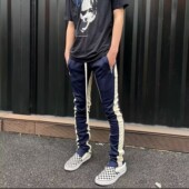 明亮叔出品自主第五季 5th限定蓝白拼接校裤 高街入门堆积感紧身