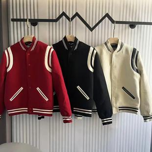 明亮叔出品羊毛尼夹克男女款黑白拼接棒球服潮牌外套明星同款上衣