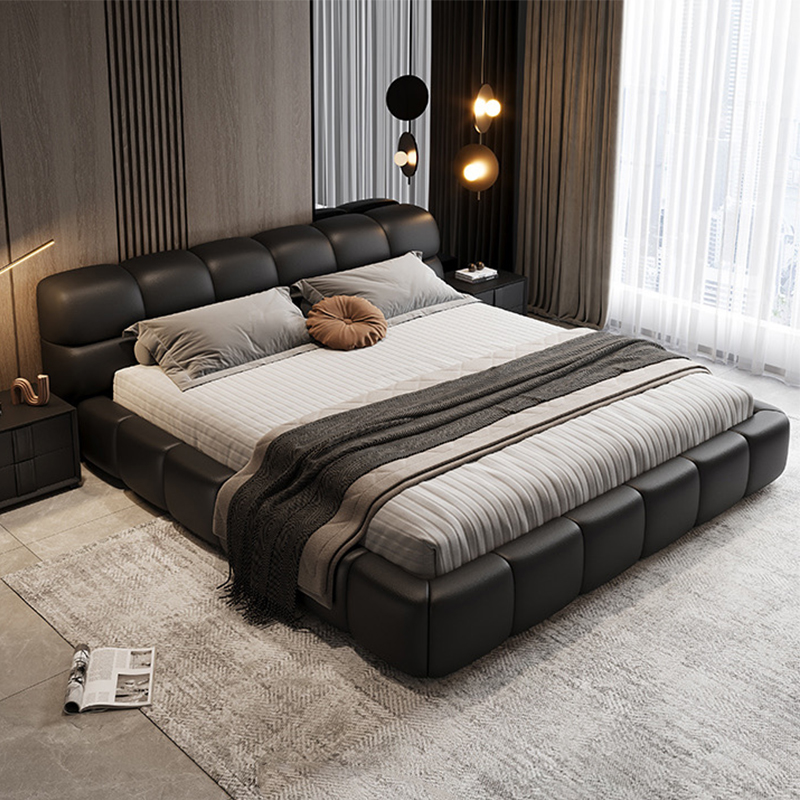 政府补贴意式轻奢真皮床黑色泡芙床现代简约2米x2米2主卧双人婚床