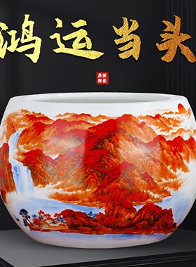 景德镇陶瓷器鸿运当头聚宝盆摆件聚邦瓷业中式客厅招财装饰工艺a8