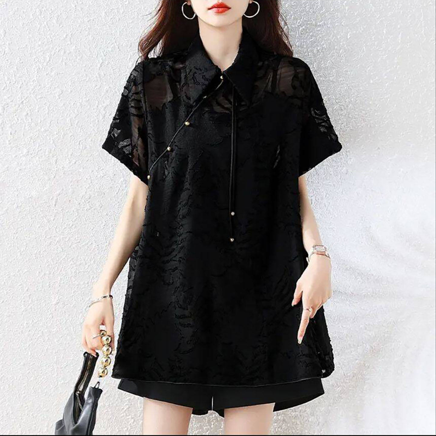 云之恋服装女装镂空蕾丝短袖衬衫夏季女士款气质半袖衬衣透气上a4