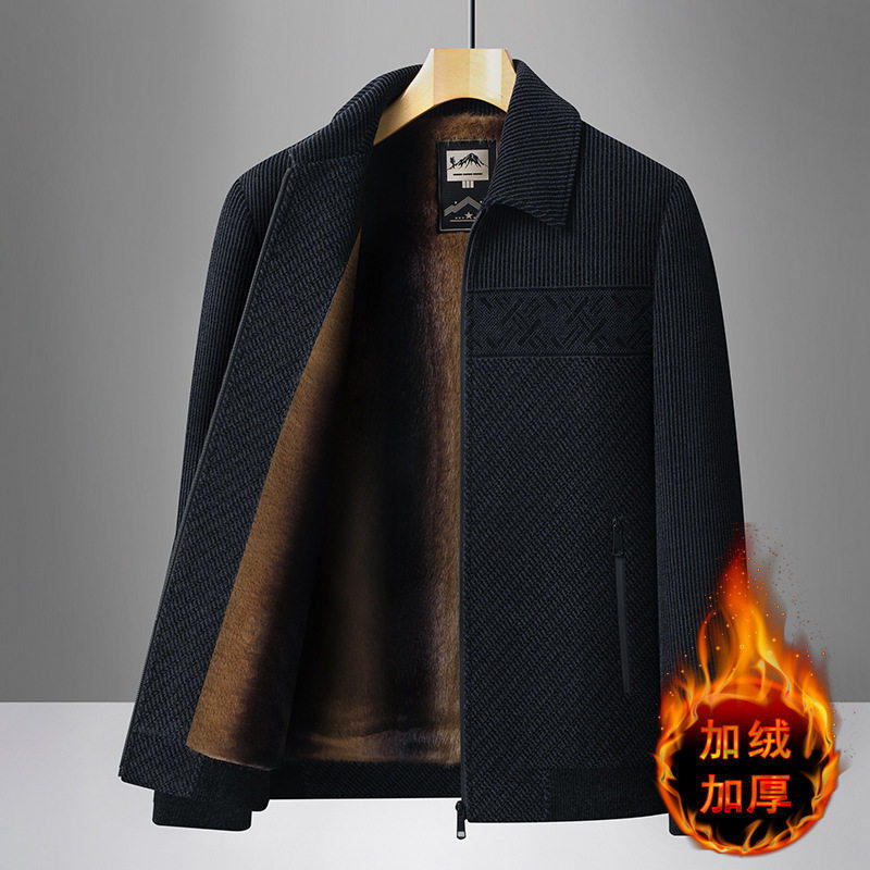 康禄男装中老年男士加绒加厚夹克冬季翻领爸爸雪尼尔棉衣外套a21