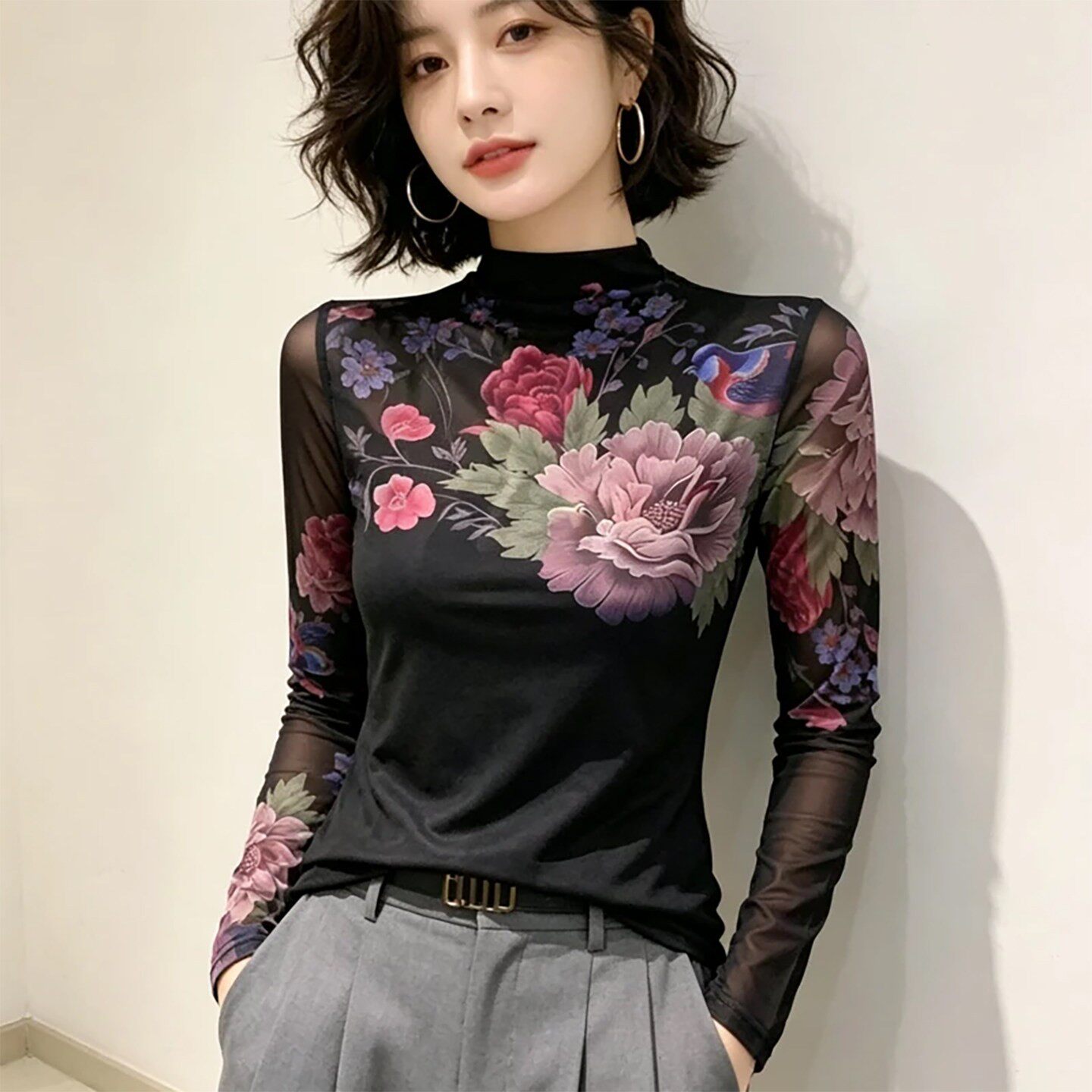 楚勇女装网纱内搭上衣洋气可外穿打底衫欧货女士长袖独特漂亮小a1