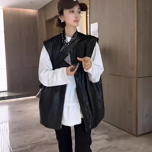 2025秋宽松皮衣秋季新款V领短款老钱风马甲女皮夹克背心外套