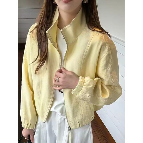 设计感蕾丝拼接立领棒球服女款