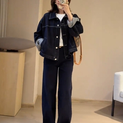 复古撞色袖口格子牛仔外套女款