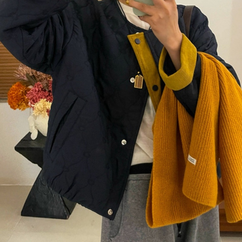 韩系糖果色单排扣拼色棉服外套